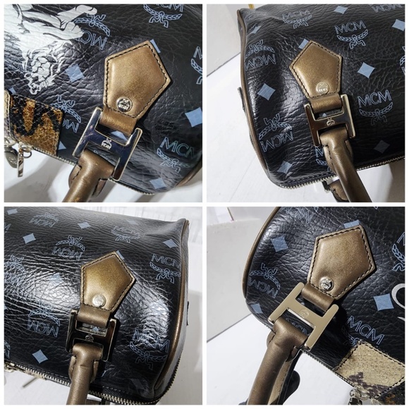 Authentic MCM Visetos Lion Princess Boston Handbag Black/Grey/Gold - Picture 12 of 14